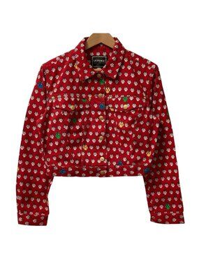 Versace Jeans Vintage Ladybug Print Medusa Button Cropped Denim Jacket Red M
